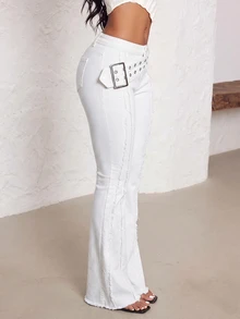 SHEIN Tall 女款低腰鏤空設計毛邊牛仔褲 - 白色 - 查看 5