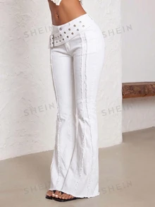 SHEIN Tall 女款低腰鏤空設計毛邊牛仔褲 - 白色 - 查看 3