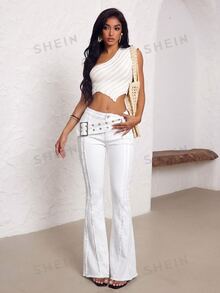 SHEIN Tall 女款低腰鏤空設計毛邊牛仔褲 - 白色 - 查看 4