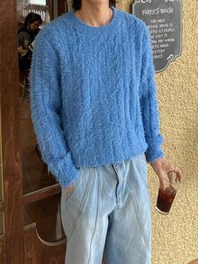 Manfinity Roughcore Men's Solid Color Casual Versatile Daily Wear Long Sleeve Sweater Holiday Festival Autumn Streetwear Winter Formal Old Money - Blue - View 8