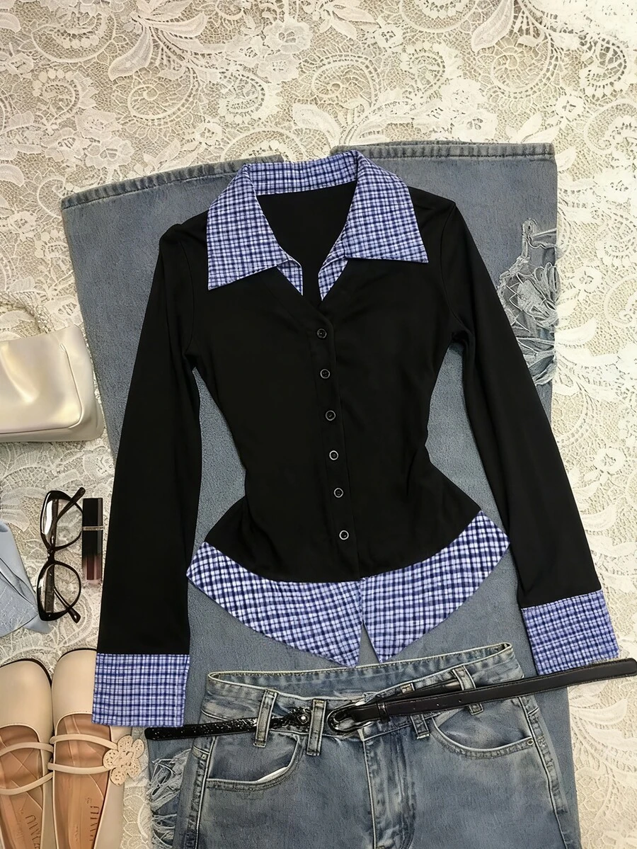 SHEIN Franclia 女士黑蓝格子V领休闲衬衫,适合日常通勤和外出穿着。女士工作衬衫,商务休闲上衣,黑白衬衫,商务休闲女衬衫,商务休闲女衬衫,女士工作衬衫,商务休闲女衬衫。 - 彩色 - 查看 1