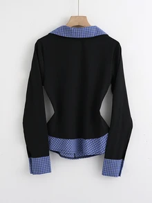SHEIN Franclia 女士黑蓝格子V领休闲衬衫，适合日常通勤和外出穿着。女士工作衬衫，商务休闲上衣，黑白衬衫，商务休闲女衬衫，商务休闲女衬衫，女士工作衬衫，商务休闲女衬衫。 - 彩色 - 查看 2