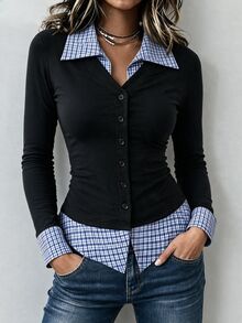 SHEIN Franclia 女士黑蓝格子V领休闲衬衫，适合日常通勤和外出穿着。女士工作衬衫，商务休闲上衣，黑白衬衫，商务休闲女衬衫，商务休闲女衬衫，女士工作衬衫，商务休闲女衬衫。 - 彩色 - 查看 3