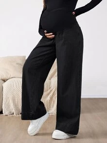 SHEIN بنطلون جينز واسع الساق فضفاض بخصر غير متماثل كاجوال للحوامل ملابس الخريف - الأسود - مشاهدة 6