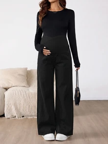 SHEIN بنطلون جينز واسع الساق فضفاض بخصر غير متماثل كاجوال للحوامل ملابس الخريف - الأسود - مشاهدة 8