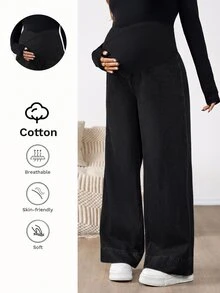 SHEIN بنطلون جينز واسع الساق فضفاض بخصر غير متماثل كاجوال للحوامل ملابس الخريف - الأسود - مشاهدة 2