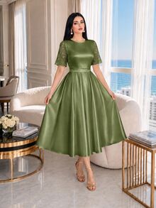Auveirra Plus Size Elegant Party Christening Guest Wedding Dinner Formal Lace Patchwork Dress Wedding Olive Green Summer Wedding - Army Green - View 5