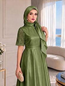 Auveirra Plus Size Elegant Party Christening Guest Wedding Dinner Formal Lace Patchwork Dress Wedding Olive Green Summer Wedding - Army Green - View 8