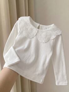 SHEIN 女嬰紋理彈性加厚長袖刺繡彼得潘領套頭上衣，適合冬季 - 白色 - 查看 1