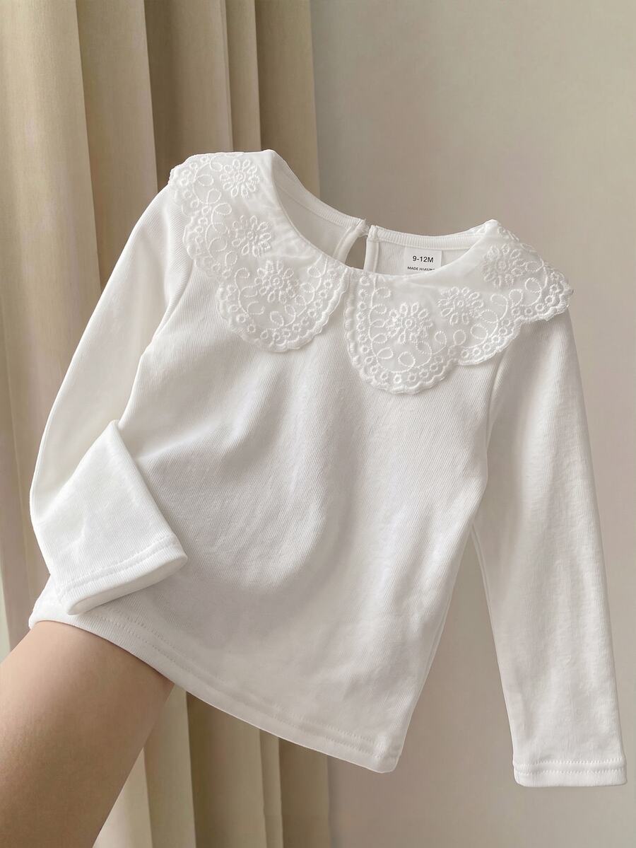 SHEIN 女嬰紋理彈性加厚長袖刺繡彼得潘領套頭上衣,適合冬季 - 白色 - 查看 1