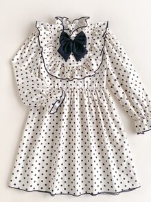 Maija Kids Maija Kids 女童可愛度假休閒黑白波點蝴蝶結長袖寬鬆連身裙，秋季花卉洋裝，校園開學穿搭 - 米色 - 查看 2