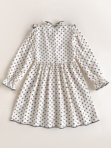 Maija Kids Maija Kids 女童可愛度假休閒黑白波點蝴蝶結長袖寬鬆連身裙，秋季花卉洋裝，校園開學穿搭 - 米色 - 查看 3