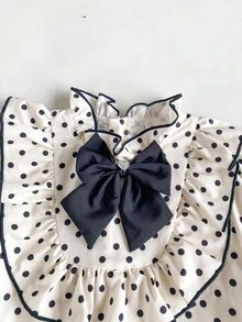 Maija Kids Maija Kids 女童可愛度假休閒黑白波點蝴蝶結長袖寬鬆連身裙，秋季花卉洋裝，校園開學穿搭 - 米色 - 查看 4