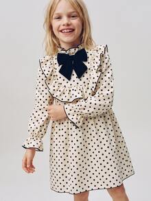 Maija Kids Maija Kids 女童可愛度假休閒黑白波點蝴蝶結長袖寬鬆連身裙，秋季花卉洋裝，校園開學穿搭 - 米色 - 查看 7