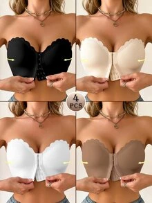 Wedaily 4pcs/Set Colorful Women's Bras, Front Closure Ruffled Padded Push-Up Bras - Multicolor - View 1