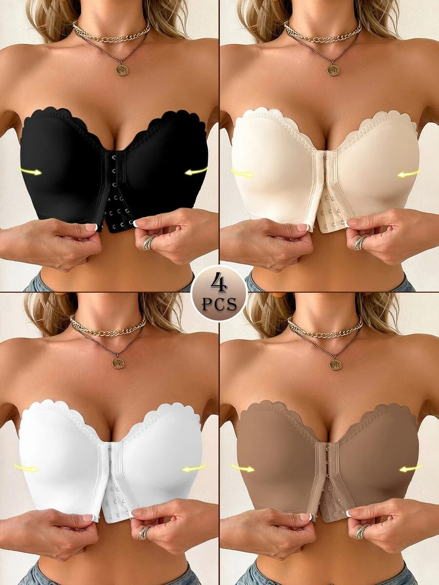 Wedaily 4pcs/Set Colorful Women's Bras, Front Closure Ruffled Padded Push-Up Bras - Multicolor - View 1
