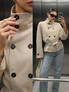 Firerie 優雅時尚純色雙排扣無口袋收腰下擺長袖立領女款風衣 - 杏色 - 查看 9