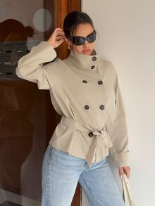Firerie 優雅時尚純色雙排扣無口袋收腰下擺長袖立領女款風衣 - 杏色 - 查看 5