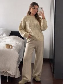 SHEIN LUNE Women's Fall Textured Pullover Sweater Cable Knit Round Neck Drop Shoulder Loose Lantern Long Sleeve Ribbed Hem Everyday Beige Casual - Apricot - View 1