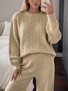 SHEIN LUNE Women's Fall Textured Pullover Sweater Cable Knit Round Neck Drop Shoulder Loose Lantern Long Sleeve Ribbed Hem Everyday Beige Casual - Apricot - View 6