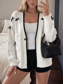 valorelle valorelle Autumn/Winter New Korean Style V-Neck Long Sleeve Sweet Elegant Bow-Knit Cardigan - Apricot - View 7