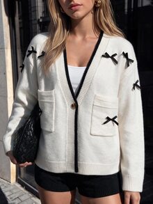 valorelle valorelle Autumn/Winter New Korean Style V-Neck Long Sleeve Sweet Elegant Bow-Knit Cardigan - Apricot - View 4