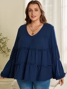 Rosumi Plus Size French Pleated Long Sleeve Frill Trim Patchwork Blouse - Blue - View 3