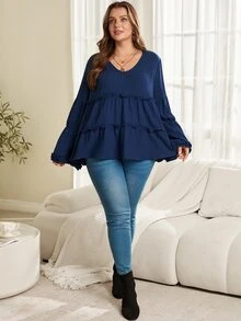 Rosumi Plus Size French Pleated Long Sleeve Frill Trim Patchwork Blouse - Blue - View 6