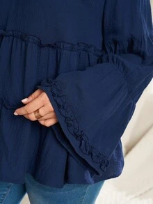 Rosumi Plus Size French Pleated Long Sleeve Frill Trim Patchwork Blouse - Blue - View 4