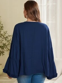 Rosumi Plus Size French Pleated Long Sleeve Frill Trim Patchwork Blouse - Blue - View 5