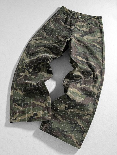 Street Life Herren Vintage Camouflage Jacquard Weite Beine Jeans, amerikanischer Streetstyle Schwerlaststoff lockere gerade Beine Hose, Streetwear Cargo Stil Unisex Lässig Denim Lange Hose, geeignet für Outdoor Reisen, Street Fashion, tägliches Pendeln