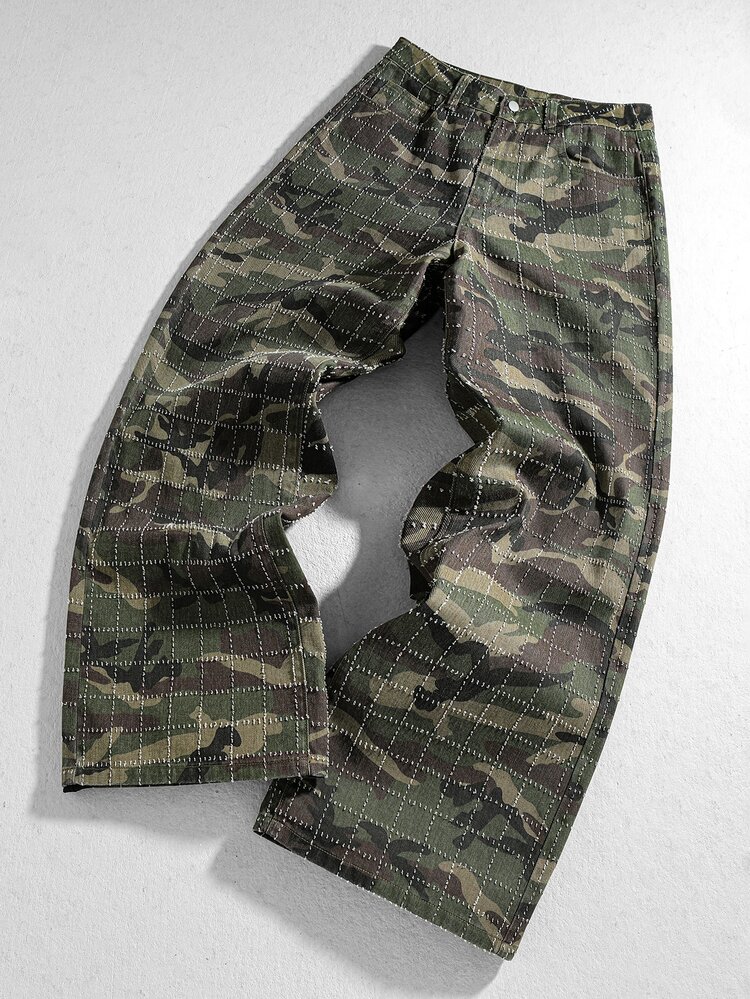 ROMWE MEN Street Life Men's Vintage Camouflage Jacquard Wide Leg Jeans, American Street Style Heavy-Duty Fabric Loose Straight Leg Pants, Streetwear Cargo Style Style Unisex Casual Denim Long Pants, Suitable For Outdoor Travel, Street Fashion, Daily Commute - Army Green - View 1