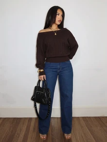 Slaydiva Women's Solid Color Asymmetrical Shoulder Long Sleeve Casual Sweater - Brown - View 6