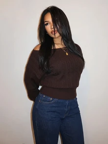 Slaydiva Women's Solid Color Asymmetrical Shoulder Long Sleeve Casual Sweater - Brown - View 7