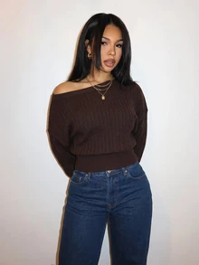 Slaydiva Women's Solid Color Asymmetrical Shoulder Long Sleeve Casual Sweater - Brown - View 5