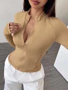 SHEIN Unity Women's Solid Color Zipper Casual Athleisure Versatile Daily Travel Long Sleeve Jacket Gym Khaki Autumn - Khaki - View 4