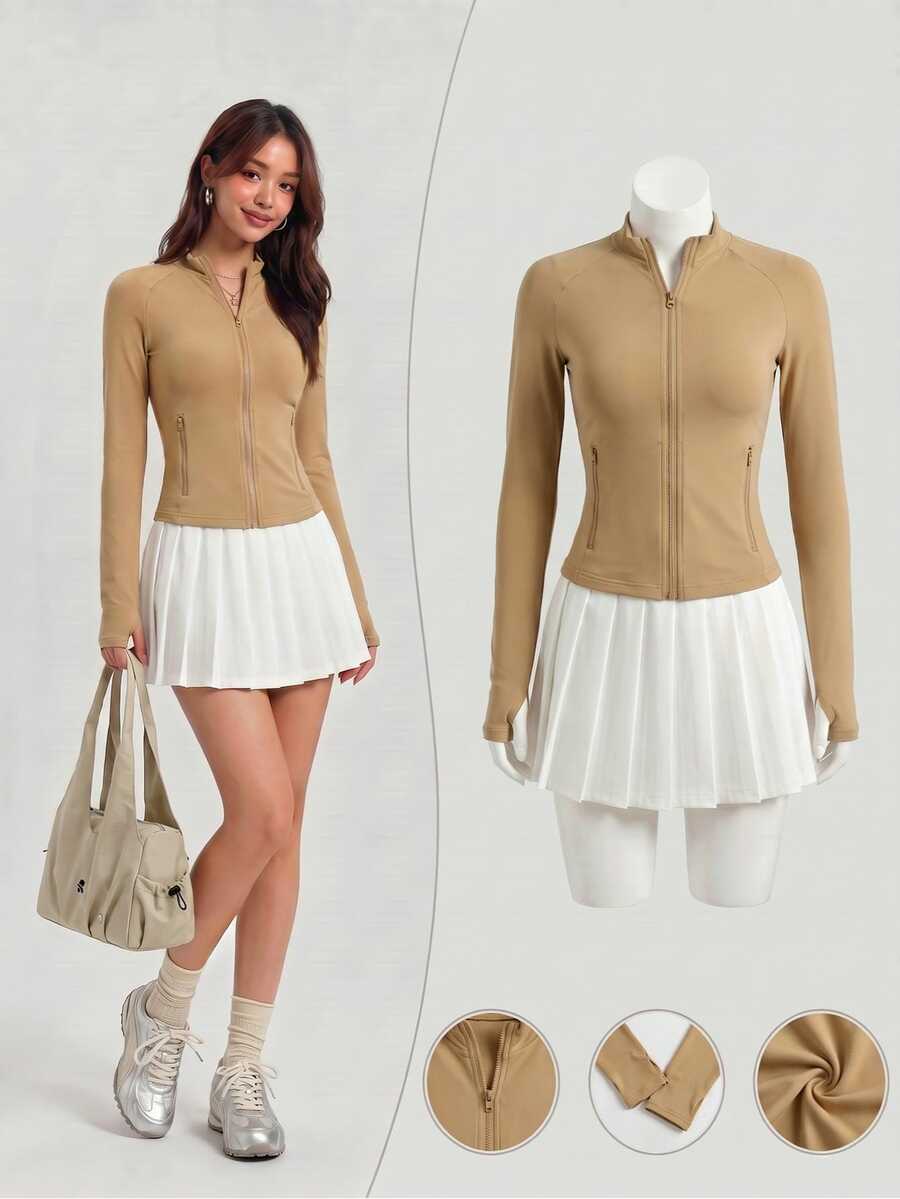 SHEIN Unity Women's Solid Color Zipper Casual Athleisure Versatile Daily Travel Long Sleeve Jacket Gym Khaki Autumn - Khaki - View 1