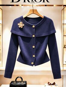 Franclia Áo cardigan nữ size lớn màu xanh navy, cổ tròn, tay dài, họa tiết hoa, trang trí cúc, thiết kế giả khăn choàng, tôn dáng thanh lịch, cho mùa thu/đông - Màu xanh hải quân - Xem 3