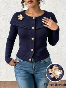 Franclia Áo cardigan nữ size lớn màu xanh navy, cổ tròn, tay dài, họa tiết hoa, trang trí cúc, thiết kế giả khăn choàng, tôn dáng thanh lịch, cho mùa thu/đông - Màu xanh hải quân - Xem 8