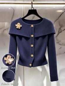 Franclia Áo cardigan nữ size lớn màu xanh navy, cổ tròn, tay dài, họa tiết hoa, trang trí cúc, thiết kế giả khăn choàng, tôn dáng thanh lịch, cho mùa thu/đông - Màu xanh hải quân - Xem 1