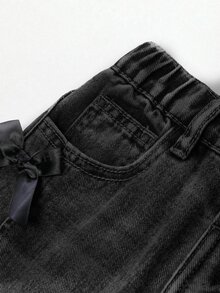 SHEIN Young Girls Distressed Vintage Fashion Personalized Front Panel Split Washed Black Bowknot Wide Leg Snug Fit Versatile Casual Denim Jeans Autumn Fall - Black - View 5