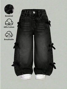 SHEIN Young Girls Distressed Vintage Fashion Personalized Front Panel Split Washed Black Bowknot Wide Leg Snug Fit Versatile Casual Denim Jeans Autumn Fall - Black - View 1