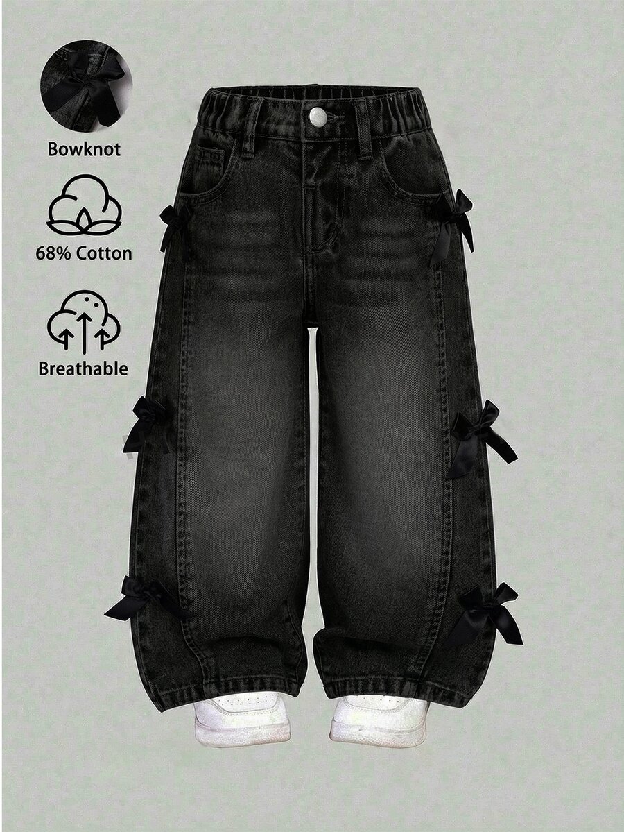 SHEIN Young Girls Distressed Vintage Fashion Personalized Front Panel Split Washed Black Bowknot Wide Leg Snug Fit Versatile Casual Denim Jeans Autumn Fall - Black - View 1