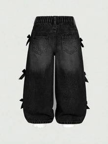 SHEIN Young Girls Distressed Vintage Fashion Personalized Front Panel Split Washed Black Bowknot Wide Leg Snug Fit Versatile Casual Denim Jeans Autumn Fall - Black - View 2