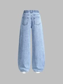SHEIN 2 件青少年女孩百搭宽松直筒休闲牛仔裤，修身贴身，适合春秋冬季日常休闲穿着 - 彩色 - 查看 4
