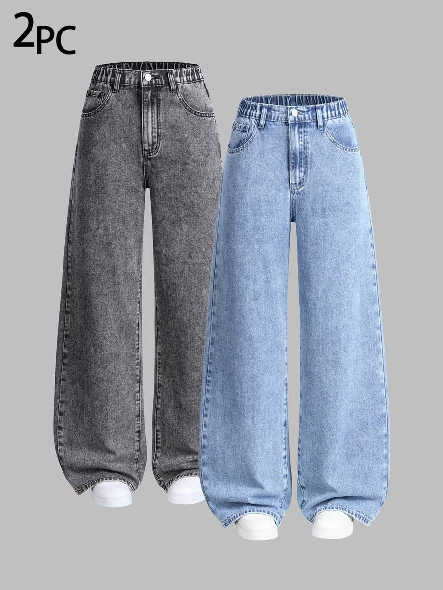 SHEIN 2 件青少年女孩百搭宽松直筒休闲牛仔裤,修身贴身,适合春秋冬季日常休闲穿着 - 彩色 - 查看 1