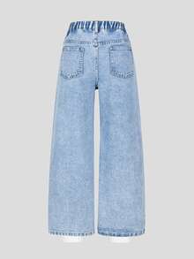 SHEIN 少女牛仔裤，花卉刺绣，Y2K风格，宽松阔腿，舒适棉质面料，适合日常穿着和上学，春夏秋冬皆宜。 - 淺色水洗藍 - 查看 3
