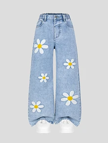 SHEIN 少女牛仔裤，花卉刺绣，Y2K风格，宽松阔腿，舒适棉质面料，适合日常穿着和上学，春夏秋冬皆宜。 - 淺色水洗藍 - 查看 4