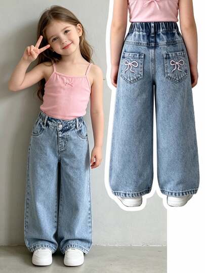 SHEIN Elladie kids Young Girls' Casual Jeans,Back-To-School Light Blue Vintage Distressed Denim,Elastic Waist Asymmetric Design,Bow Embroidered Pocket Straight Leg Pants