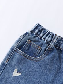 SHEIN Quần jeans ống rộng dáng suông phong cách Y2K dành cho bé gái tuổi teen, thêu hình trái tim, thích hợp cho đi chơi hàng ngày, đi học, đi làm và mùa tựu trường. - Rửa trung bình - Xem 6